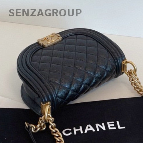 Chanel Leboy Saddle Calfskin Chain Shoulder Bag Crossbody Black Gold Women