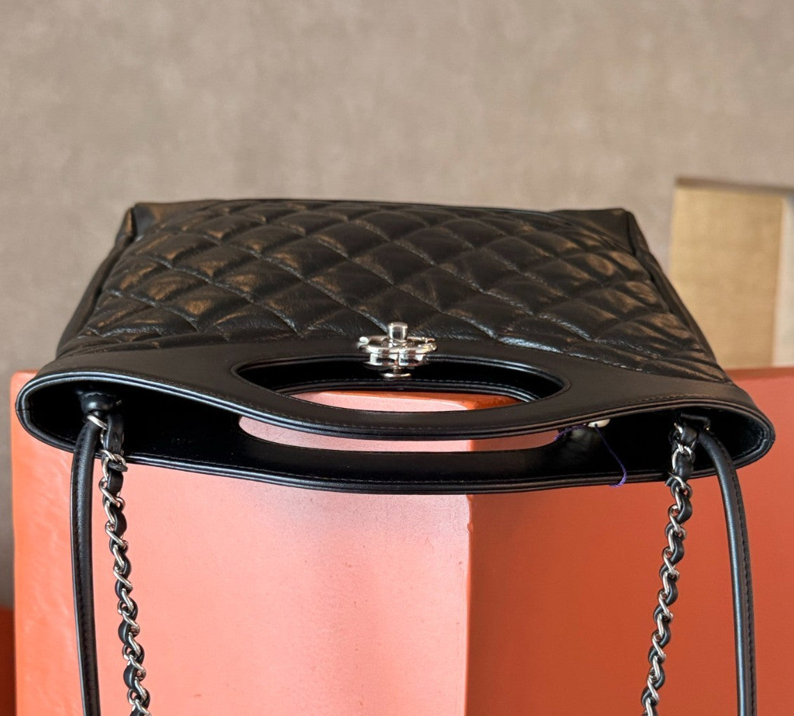 Chanel 31Bag PM Chain Shoulder Bag Top Handle Black Silver Diamond Women Classic