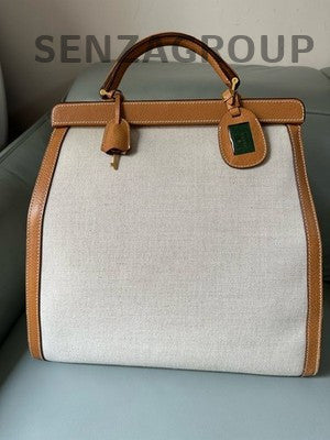 Gucci Vintage Canvas Leather Tote Bag Beige Orange Gold Women Fashion