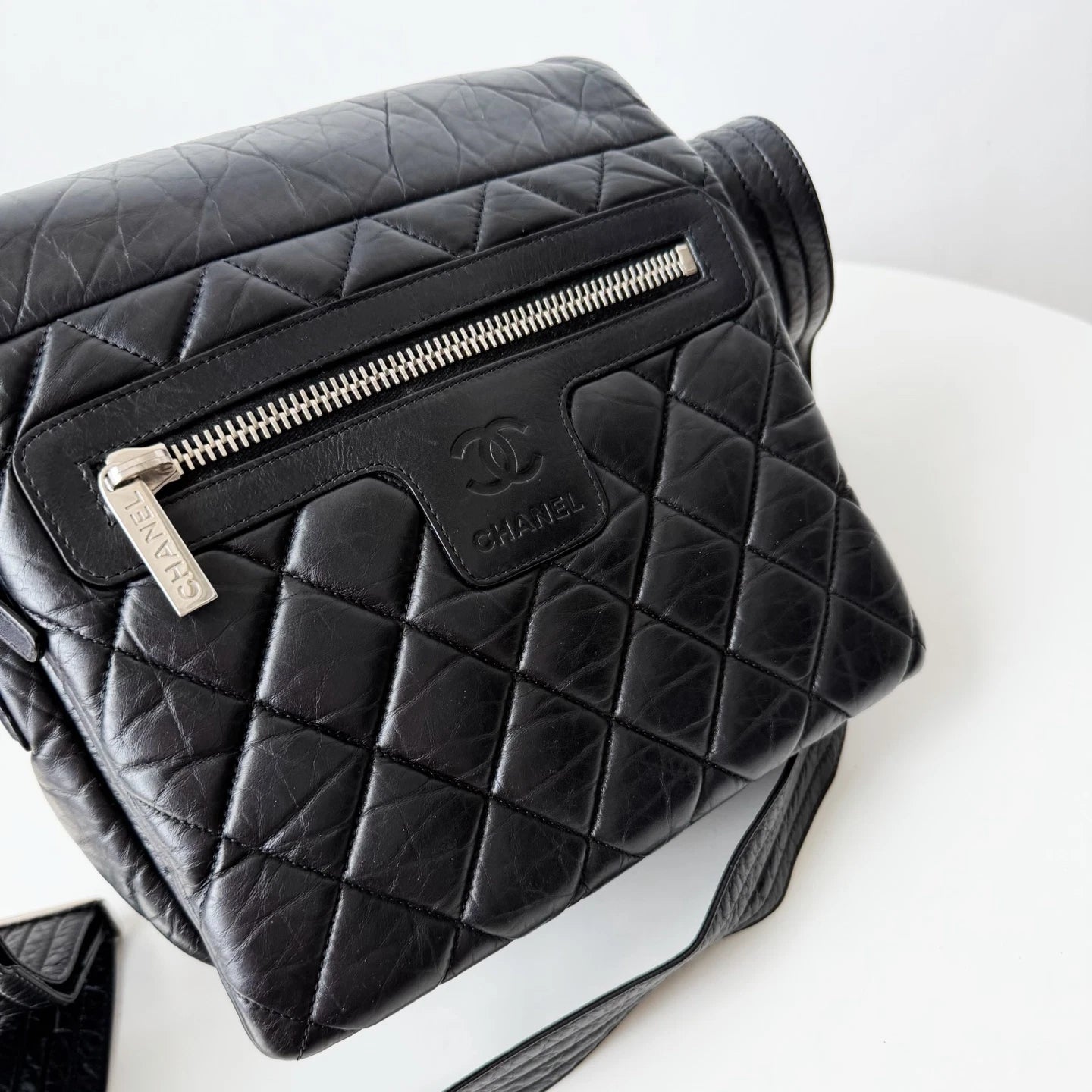 Chanel Coco Lambskin Black Silver Hardware Diamond Messenger Bag Crossbody