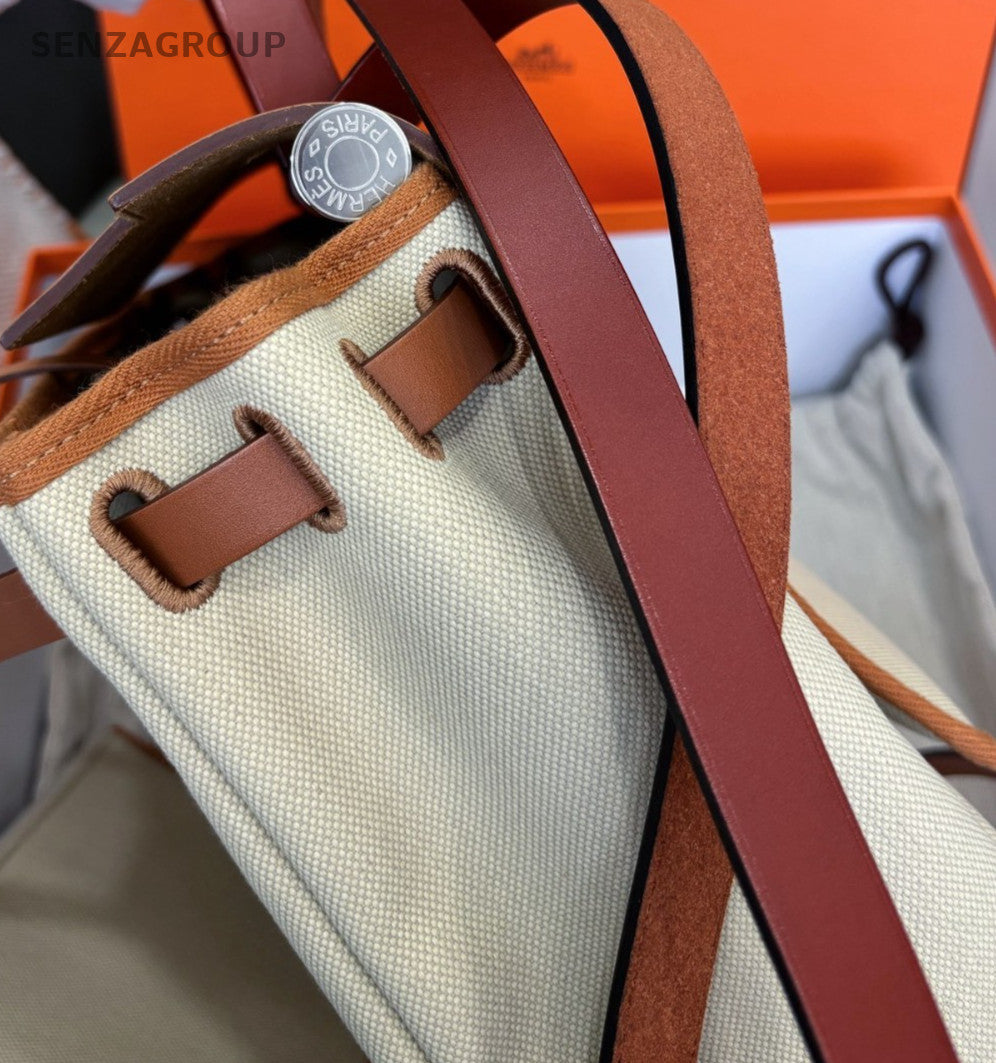 Hermes Herbag PM Canvas Top Handle Bag Crossbody White Silver Women Classic