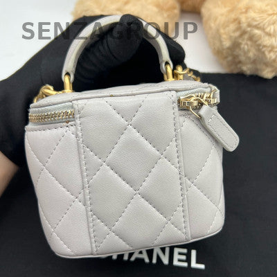 Chanel Classic Gray Gold Quilted Box Bag Chain Strap Shoulder Crossbody
