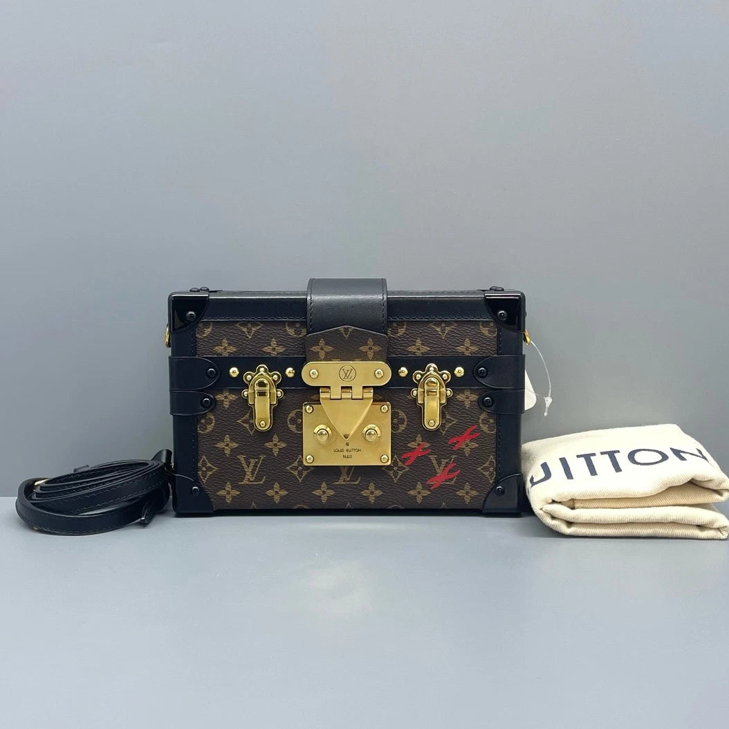Louis Vuitton Petite Malle Monogram Shoulder Crossbody Brown Black Gold Women