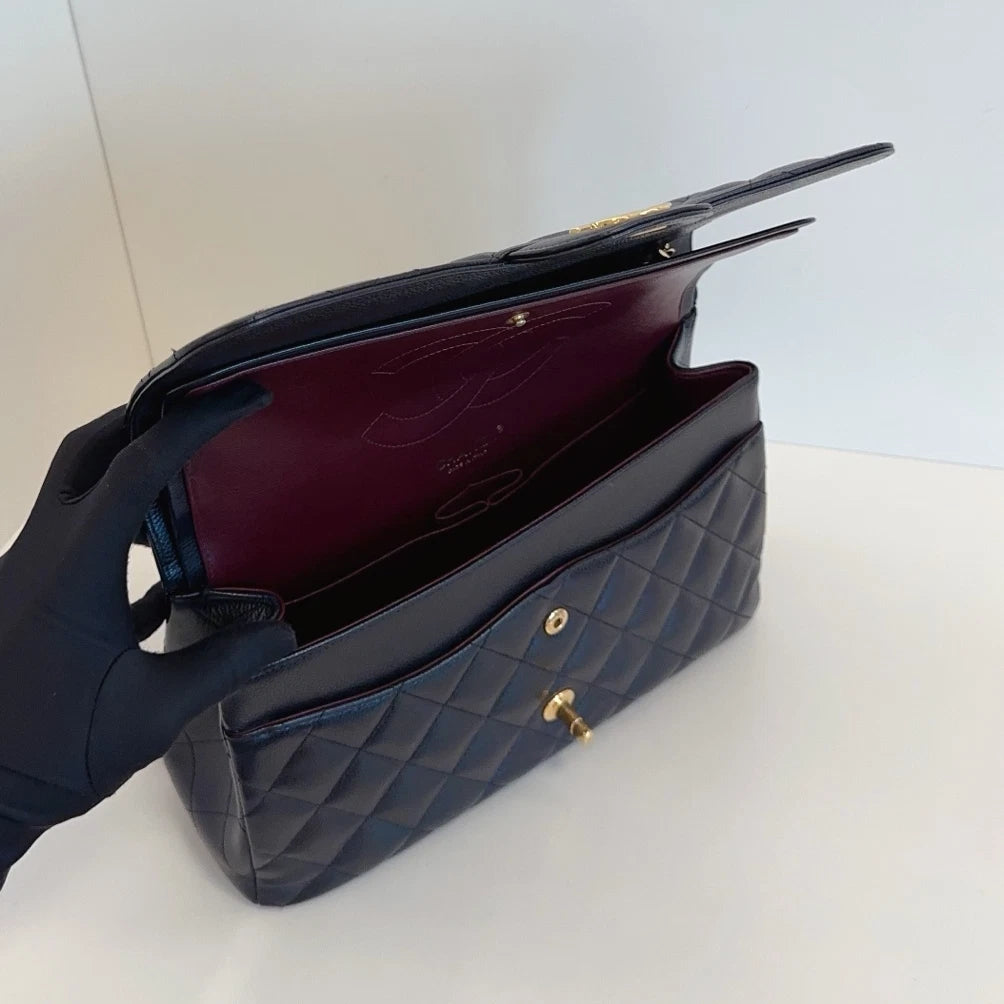 Chanel Classic Flap Jumbo Chain Shoulder Crossbody Black Gold Women Diamond