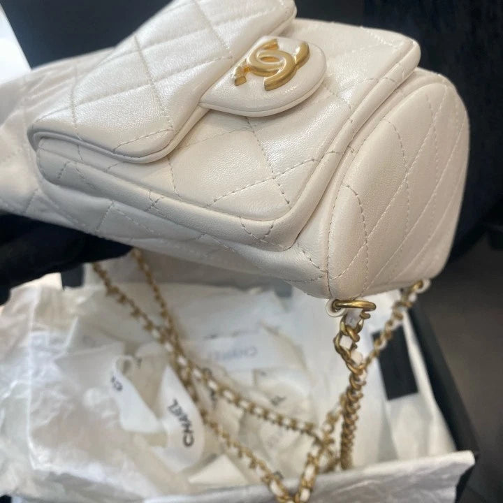 Chanel Diamond Lambskin Chain Drawstring Backpack White Gold Women Classic D