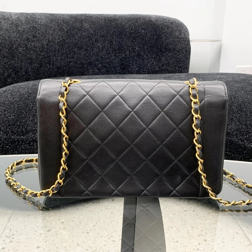 Chanel Classic Flap Lambskin Chain Shoulder Bag Black Gold Women Vintage S