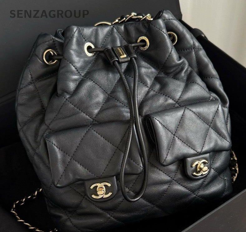 Chanel 23B Diamond Chain Drawstring Backpack Black Gold Women Classic Fashion