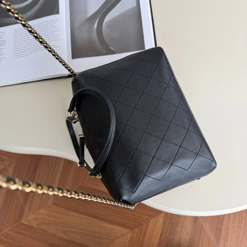 Chanel Bowling Calfskin Top Handle Chain Crossbody Black Gold Classic Women