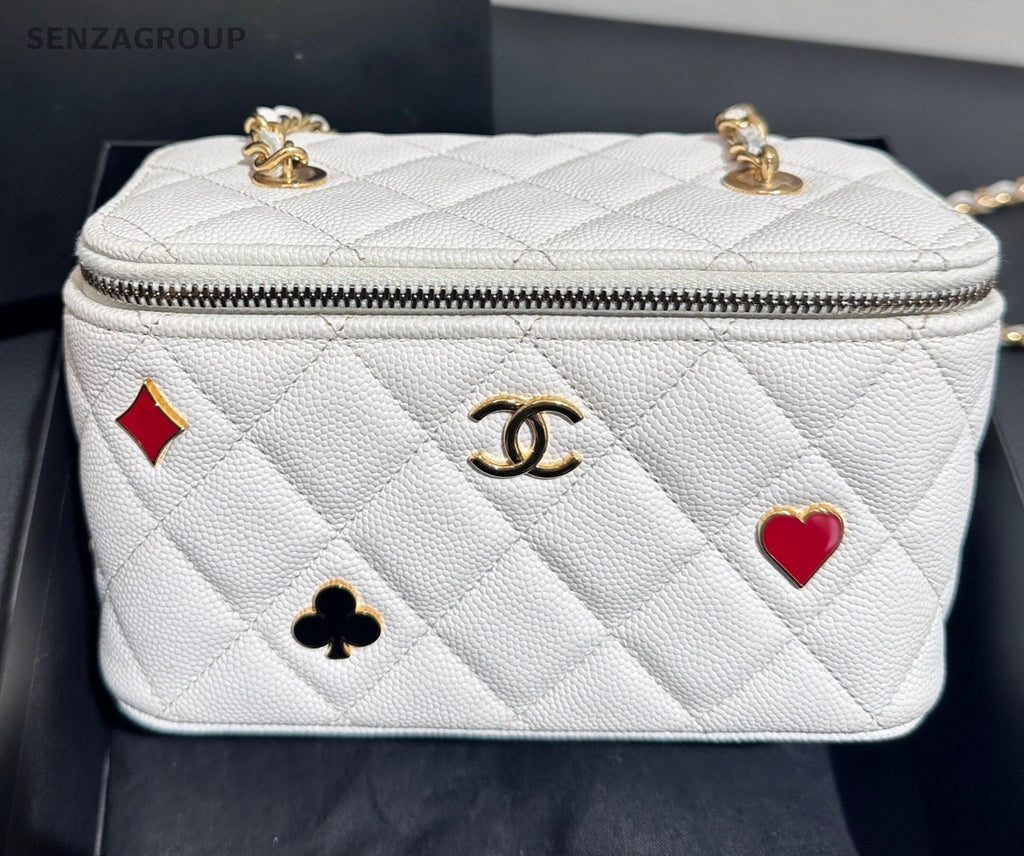 Chanel Poker Chain Shoulder Bag Crossbody White Gold Women Classic