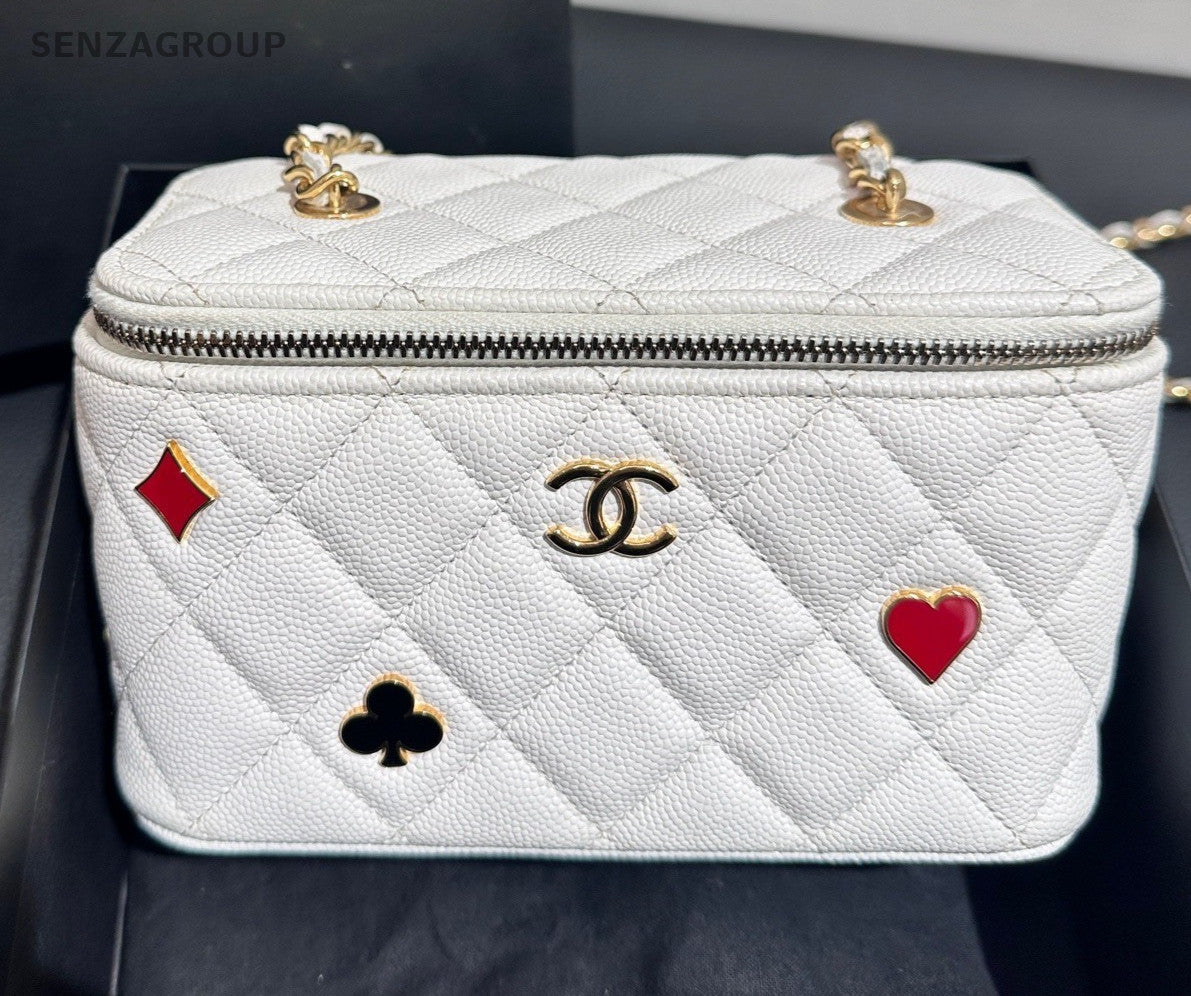 Chanel Poker Chain Shoulder Bag Crossbody White Gold Women Classic