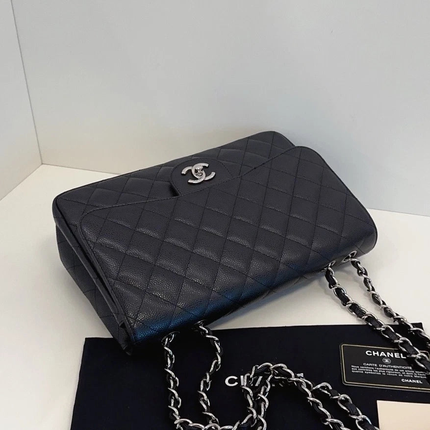 Chanel Flap Jumbo Calfskin Chain Shoulder Crossbody Black Silver Excellent
