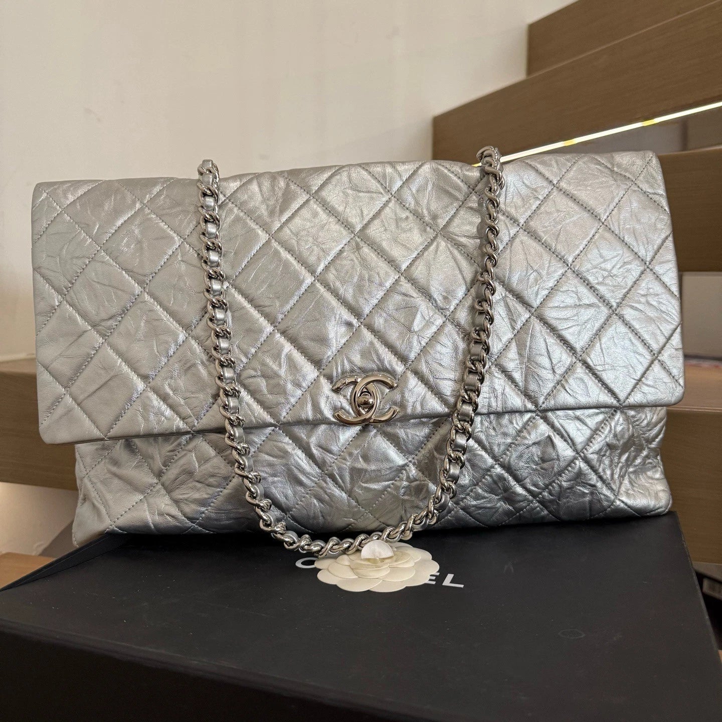 Chanel Airport Flap GM Shoulder Bag Silver Turn Lock Women Fashion