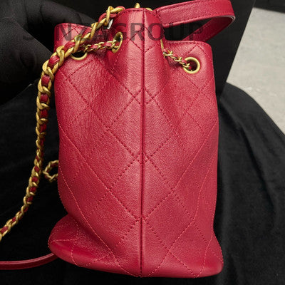 Chanel Red Drawstring Bucket Bag with Gold Chain Strap - Women's Fashion