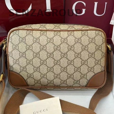 Gucci GG Emblem Canvas Shoulder Crossbody Bag Beige Gold Hardware