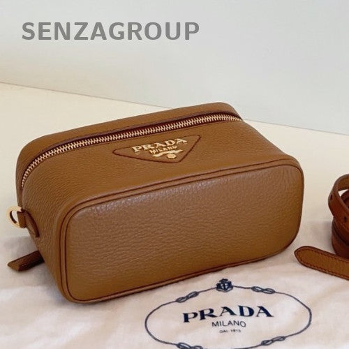 Prada Calfskin Leather 2Way Top Handle Bag Crossbody Brown Gold Women Classic