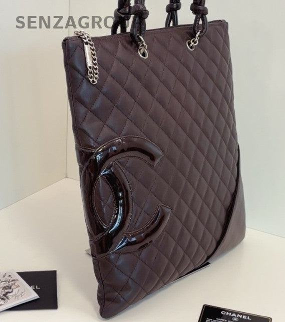 Chanel Cambon CC Logo Top Handle Bag Brown Red Silver Women Classic Diamond