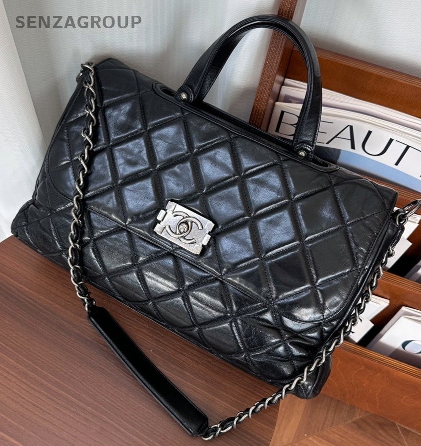 CHANEL Briefcase Top Handle Oil waxed leather Chain Shoulder Handbag Women Black