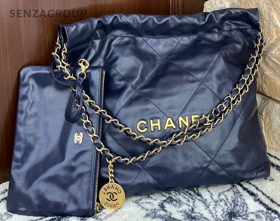 Chanel 22PM Chain Shoulder Bag Crossbody Blue Gold Diamond Women Classic
