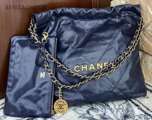 Chanel 22PM Chain Shoulder Bag Crossbody Blue Gold Diamond Women Classic