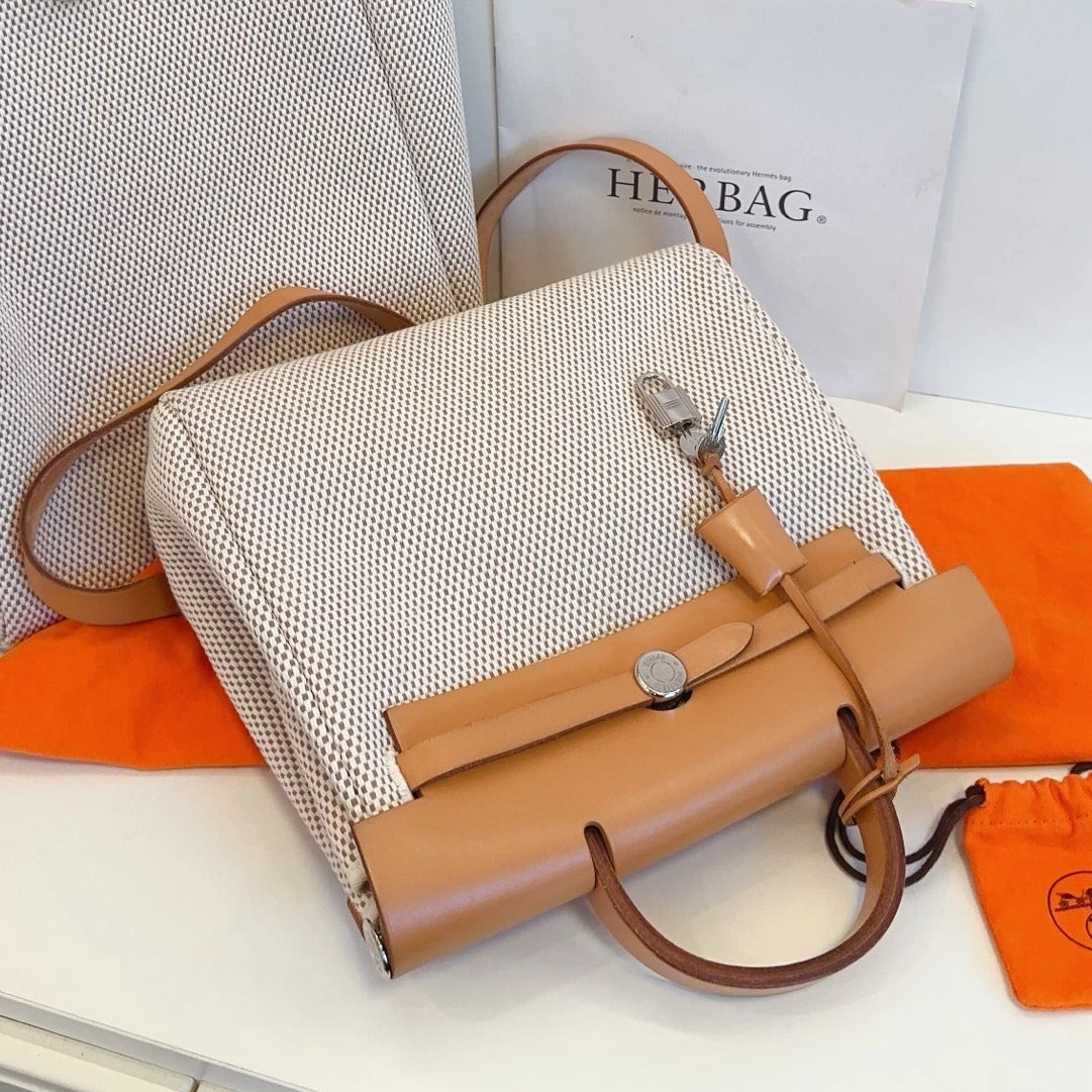 Hermes Herbag31 Backpack Canvas Ivory Brown Silver Hardware Women Classic