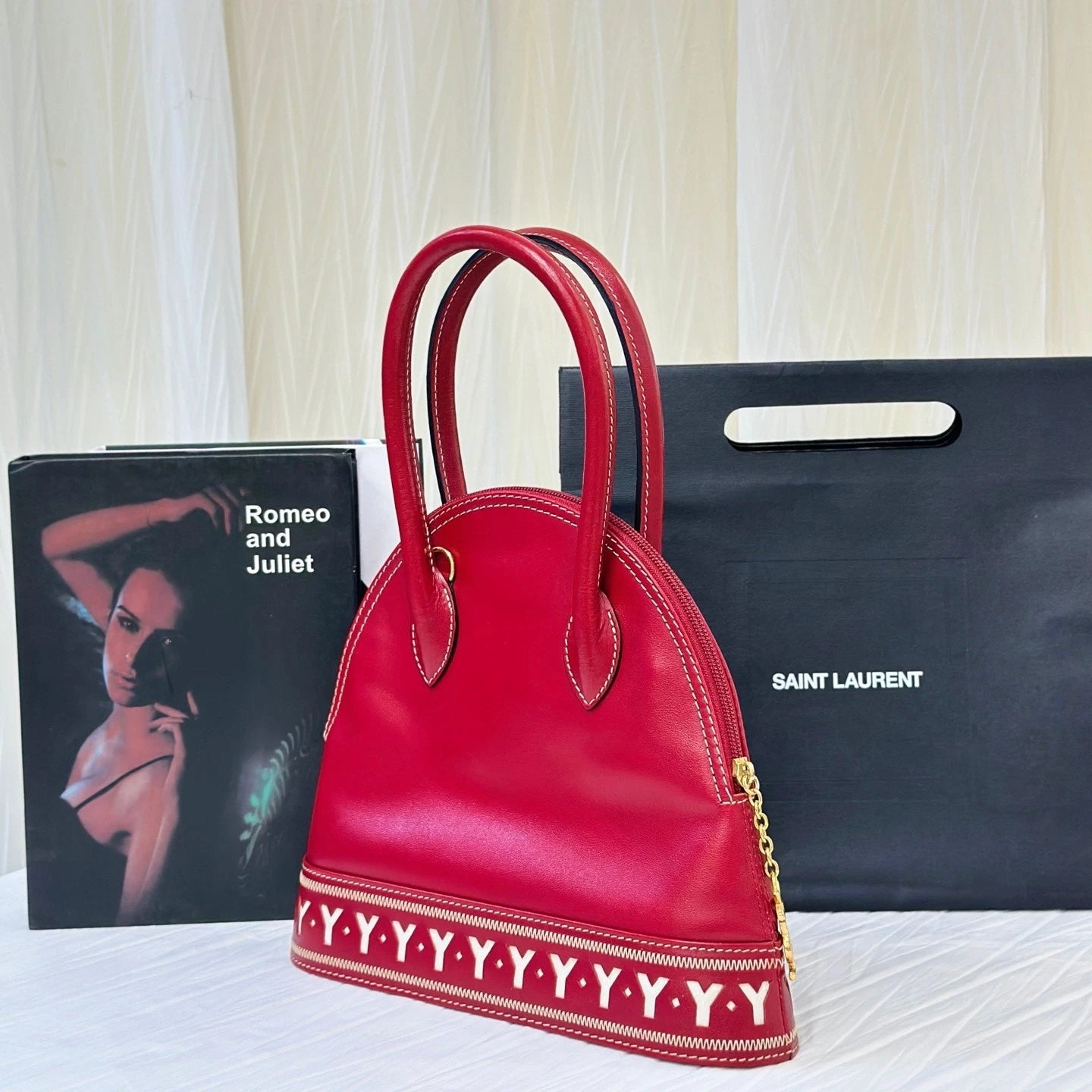 YSL Red White Y Line Shell Shoulder Handbag For Women