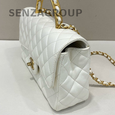 Chanel Classic Flap Woven Handle Quilted Chain Bag - Platinum