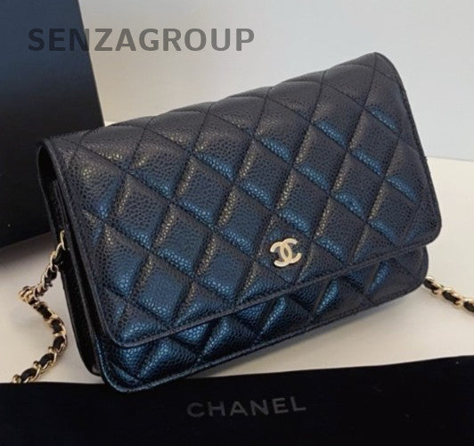 Chanel WOC Chain Shoulder Bag Crossbody Black Gold Women Diamond Classic
