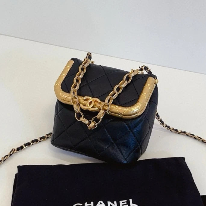 Chanel Kiss Lock Mini Chain Top Handle Crossbody Black Gold Women Classic