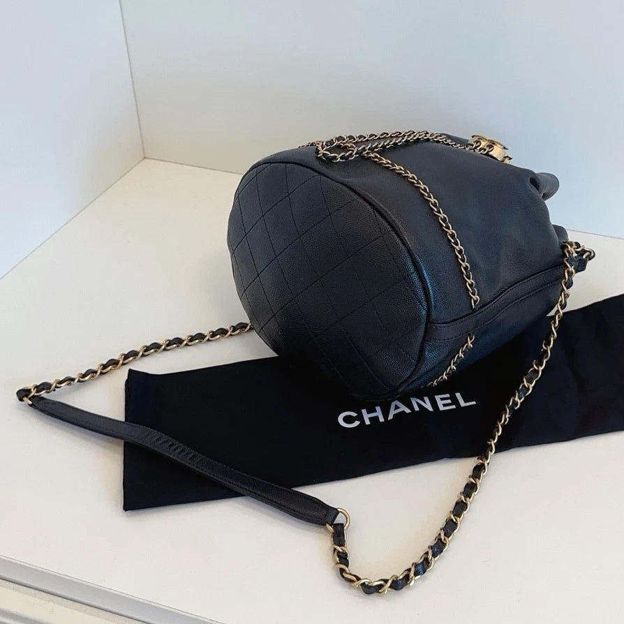 Chanel Greece Line Bucket Soft Calfskin Crossbody Bag Black Gold Women