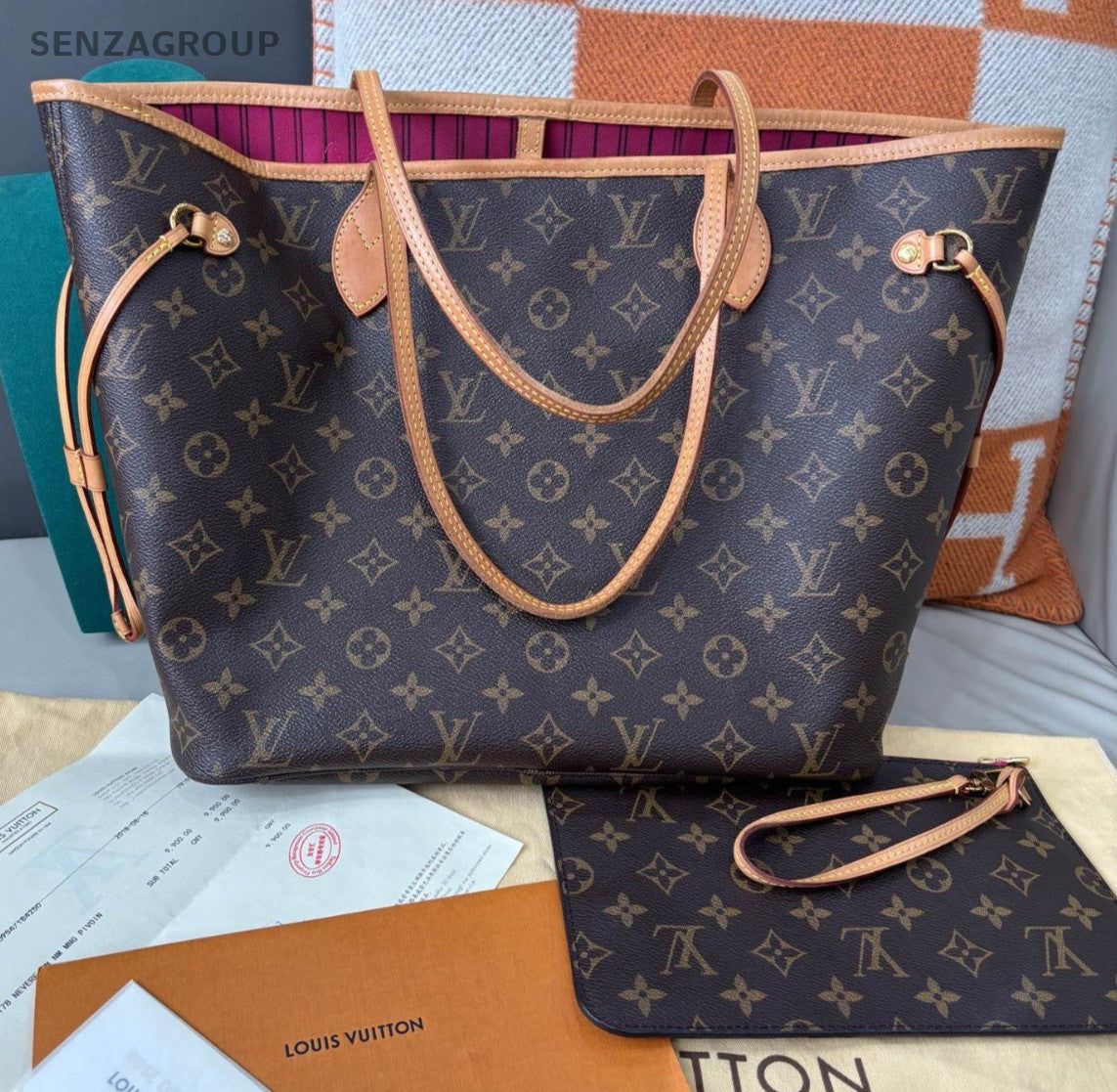 Louis Vuitton Neverfull MM Monogram Shoulder Bag Brown Red Gold Women Classic