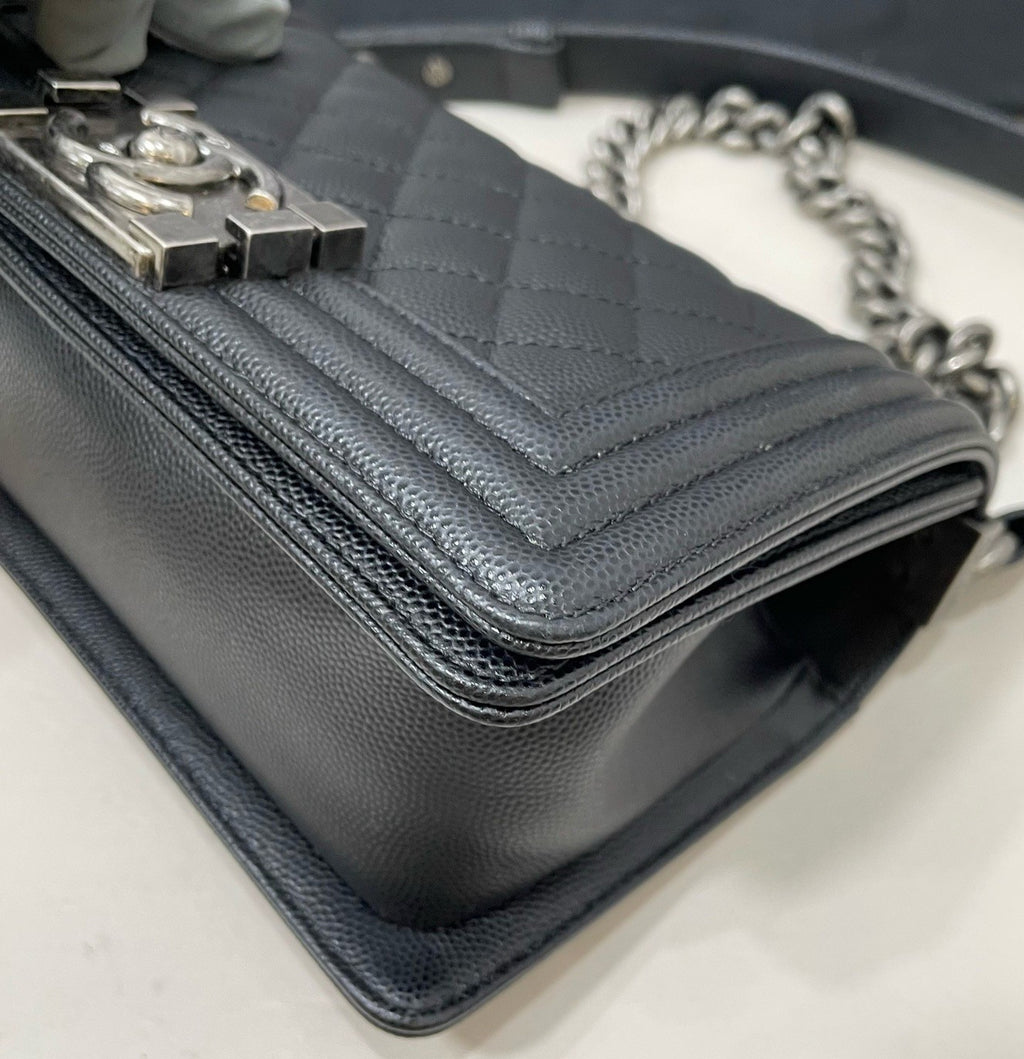 Chanel Leboy PM Calfskin Chain Shoulder Bag Black Silver Women Diamond Classic