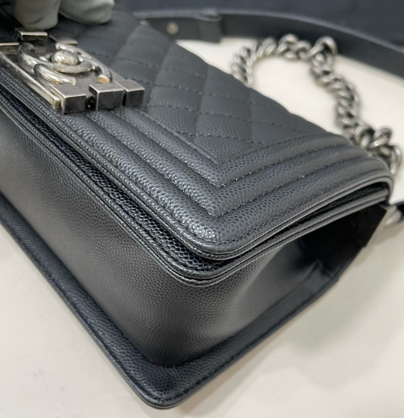 Chanel Leboy PM Calfskin Chain Shoulder Bag Black Silver Women Diamond Classic