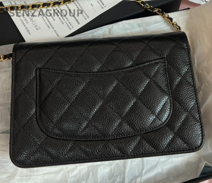Chanel WOC Chain Calfskin Crossbody Shoulder Bag Black Gold Women Classic