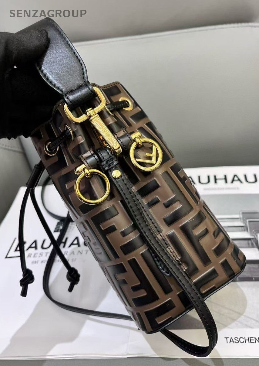 FENDI Mon Tresor Leather Monogram Mini Bucket Bag Shoulder Bag Women Brown
