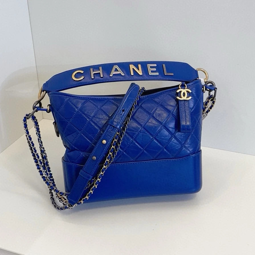 Chanel Gabrielle MM Chain Top Handle Shoulder Crossbody Blue Gold Women Classic