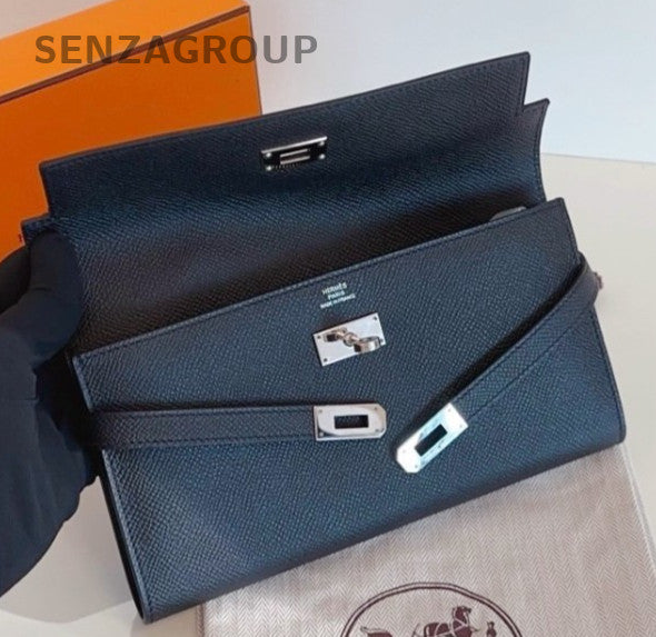 Hermes Kelly Long Wallet Epsom Leather Clutch Black Silver Women Classic Fashion
