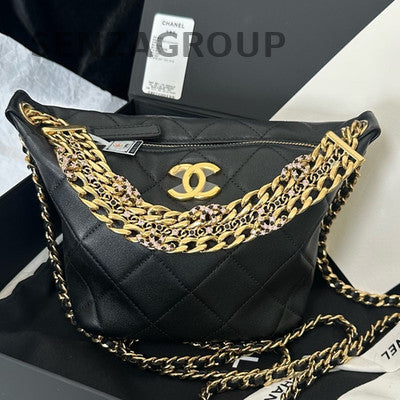 Chanel Quilted Lambskin Black Gold Chain Hobo Shoulder Bag Classic