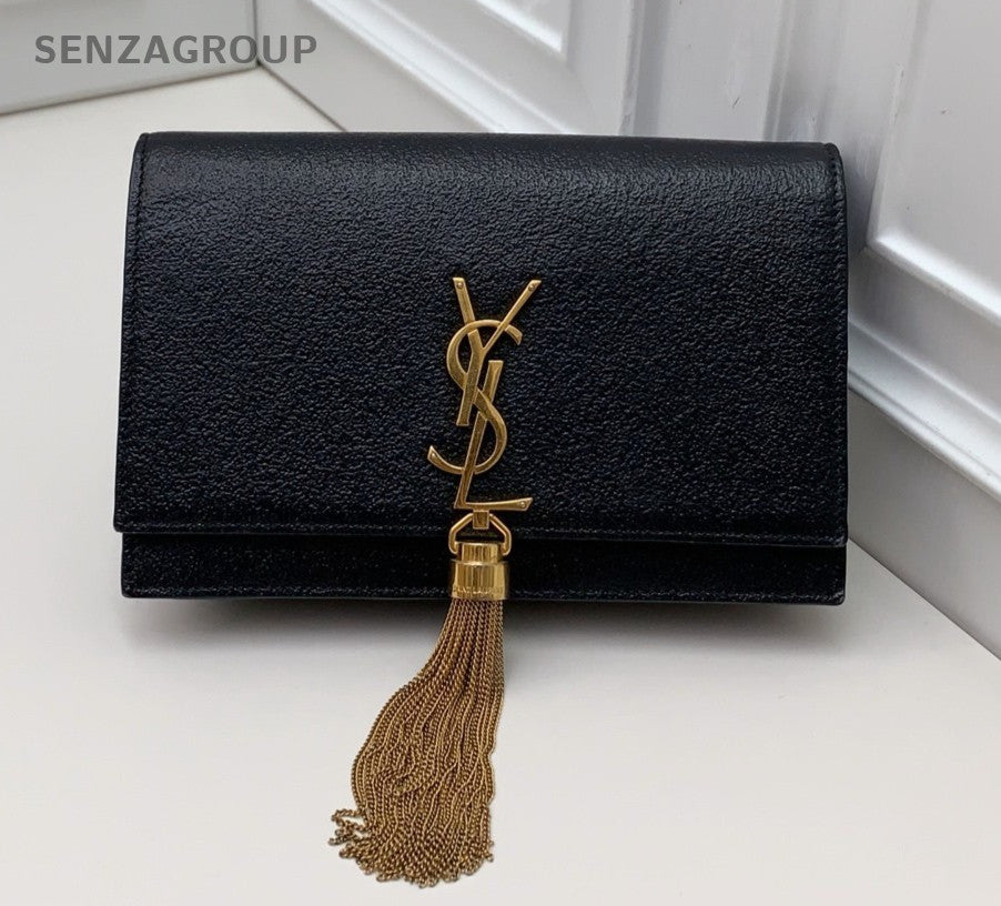 Saint Laurent Kate Chain Tassel Shoulder Bag Crossbody Black Gold Women Classic