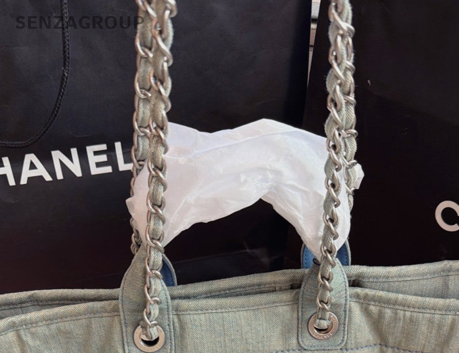Chanel Beach Bag Chain Shoulder Bag Blue Silver Used Women Classic