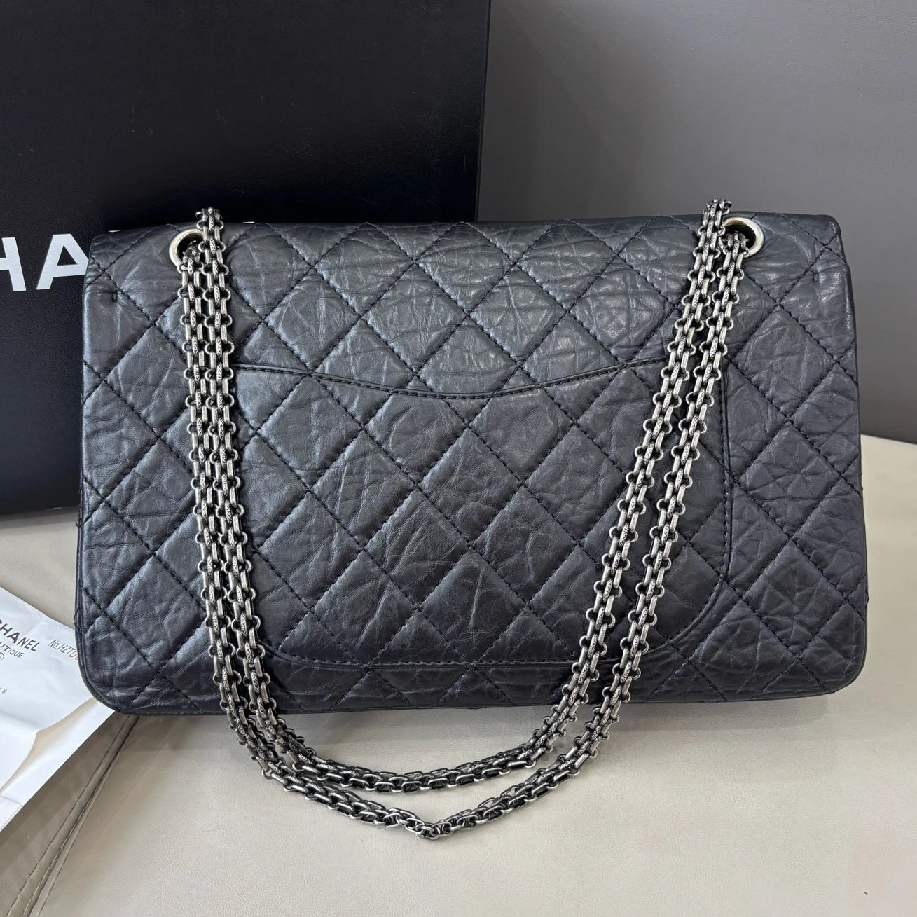 Authentic Chanel 2.55 Maxi Black Quilted Flap Chain Silver Hardware Excellent