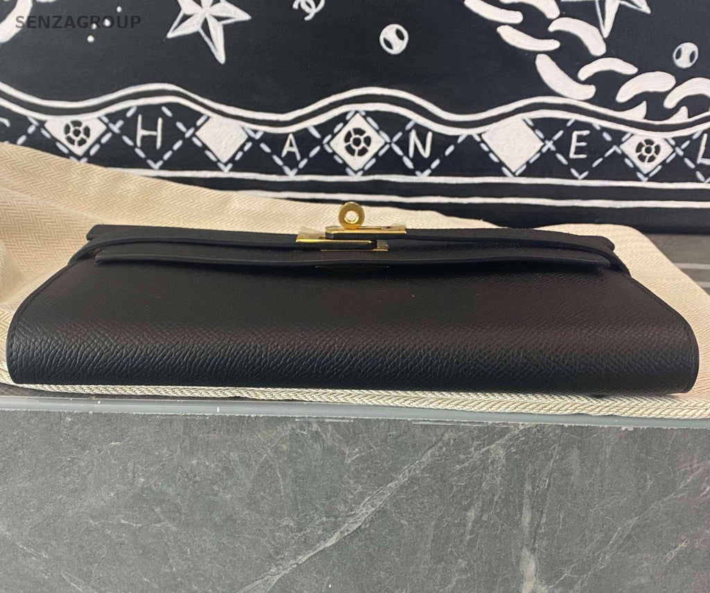 Hermes Kelly Long Wallet Epsom Leather Clutch Black Gold Used Women Classic