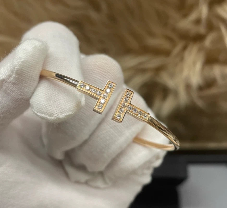 Tiffany &amp; Co. Tiffany T 18K Rose Gold Narrow Wire Cuff Bracelet Diamonds