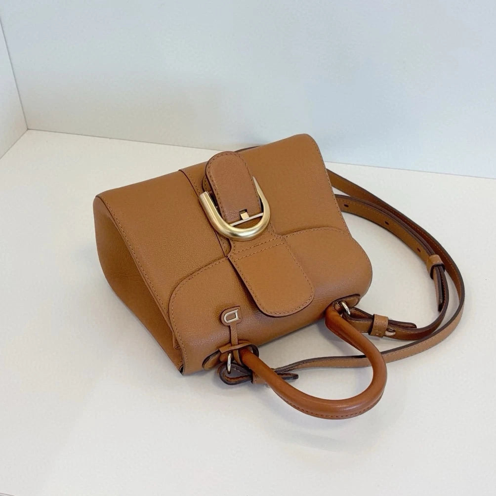 Delvaux Brillant Calfskin PM Top Handle Crossbody Brown Gold Women Classic