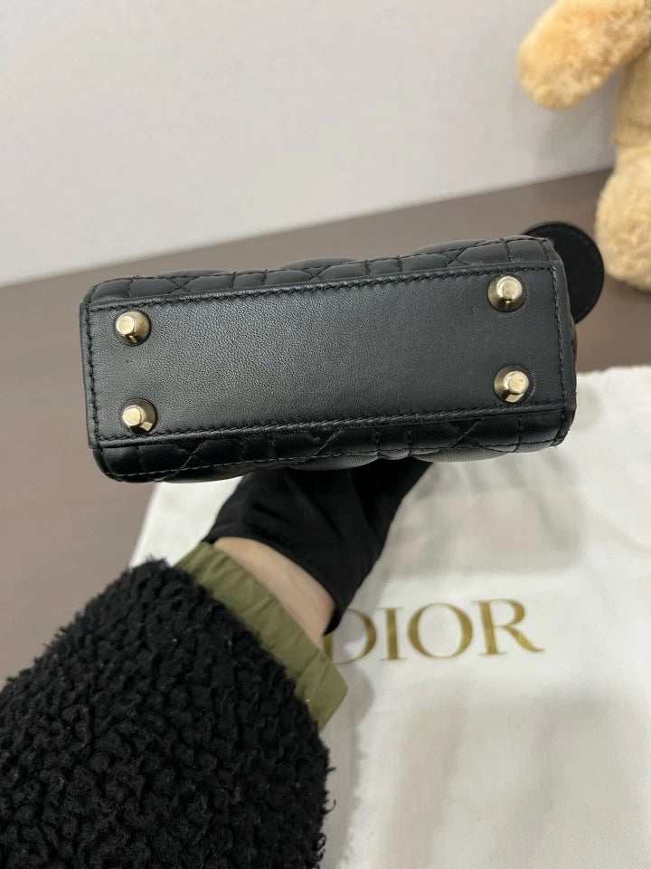 Dior Black Gold Mini Lady Dior Top Handle Bag For Women