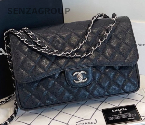 Chanel Classic Flap Jumbo Chain Shoulder Bag Black Silver Diamond Women Fashion