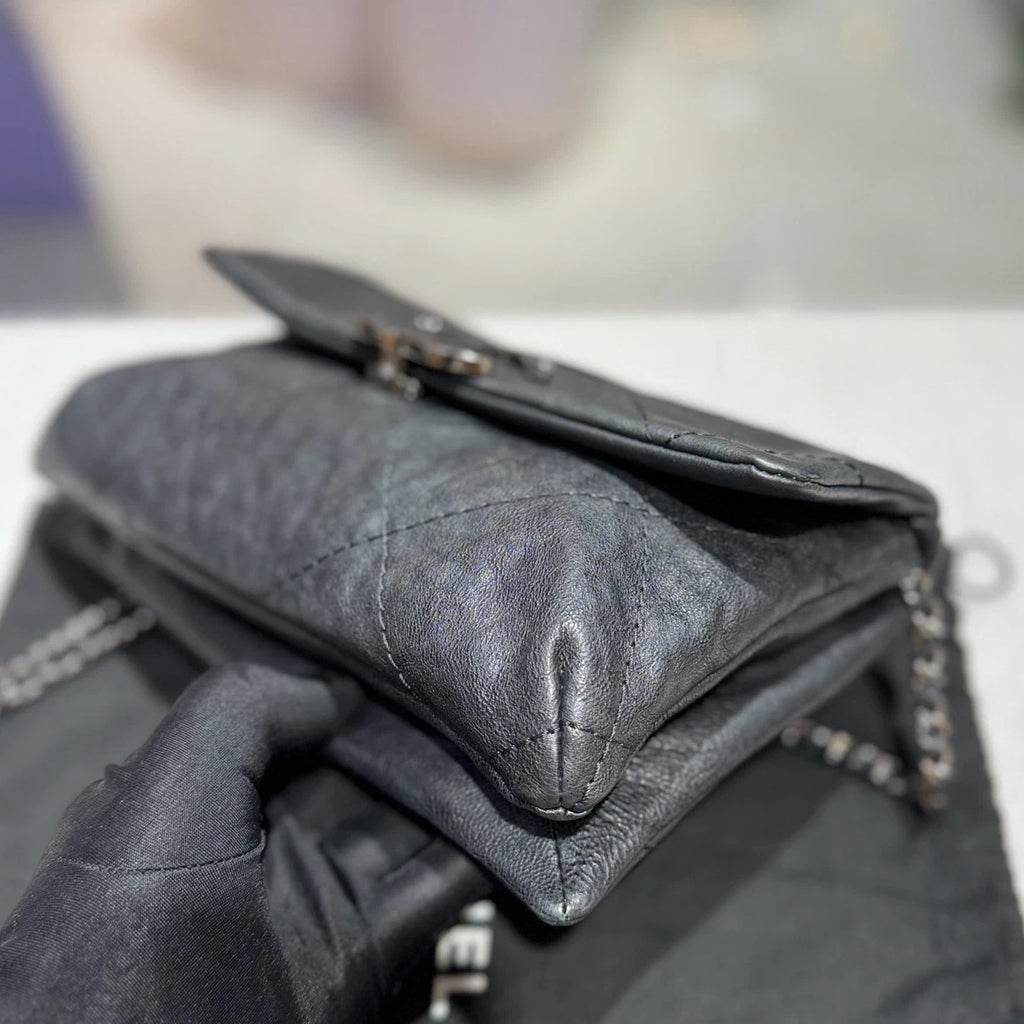 Chanel Calfskin Chain Top Handle Crossbody Black Silver Women Classic