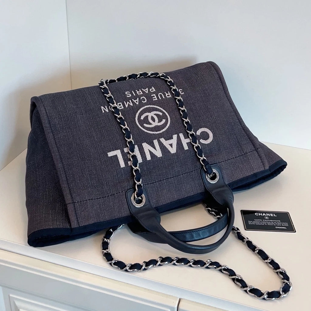 Chanel Canvas Calfskin Beach Bag Chain Top Handle Shoulder Blue Silver Women