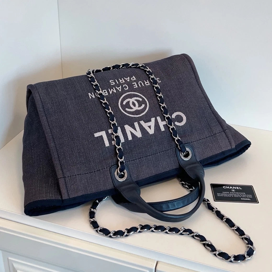 Chanel Canvas Calfskin Beach Bag Chain Top Handle Shoulder Blue Silver Women