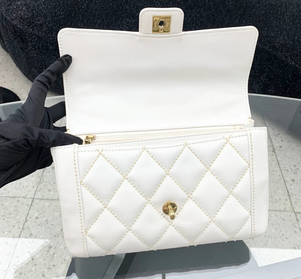 Chanel Calfskin Diamond Top Handle Bag Gold Hardware Women S