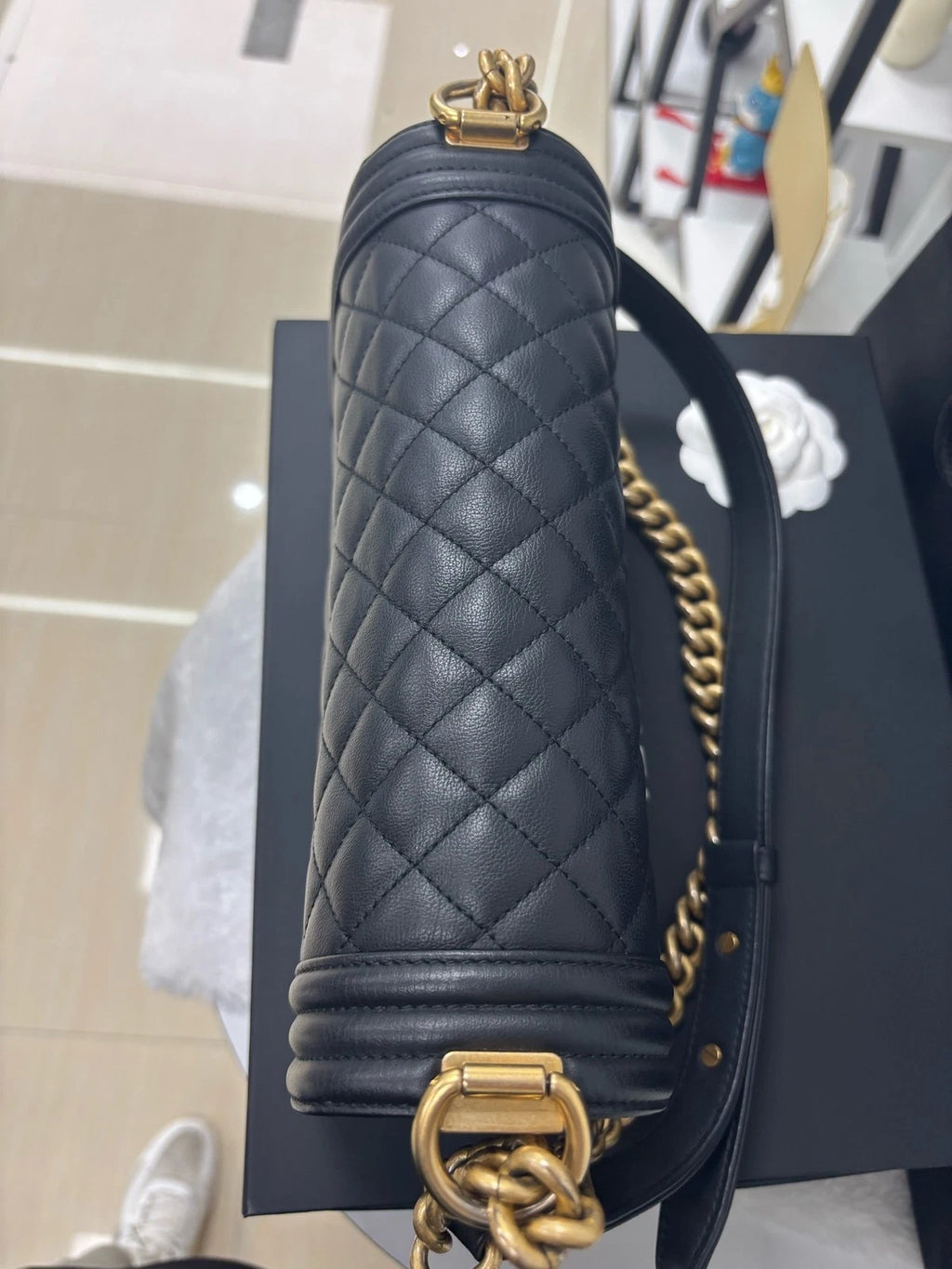 CHANEL Leboy Medium Black Gold Calfskin Shoulder Bag For Women